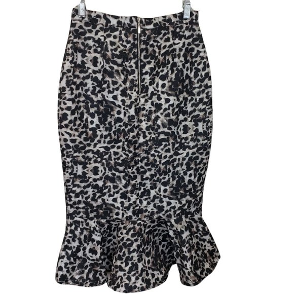 Runaway Women's Cheetah Print Ruffle Side Slit Asymmetrical Midi Skirt Sz 8 - Picture 2 of 15